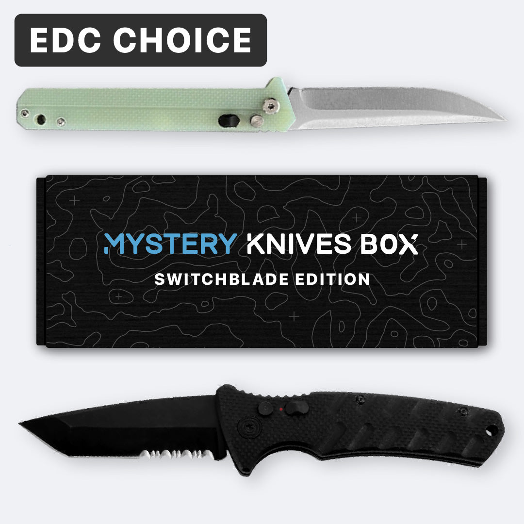 EDC Edition Mystery Knives Box, with one black switchblade knife and one green silver switchblade.