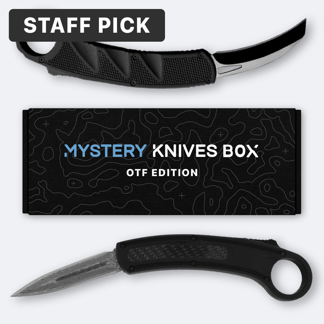 Karambit OTF Edition Mystery Knives Box, with one G10 curved OTF and black carbon fiber OTF.