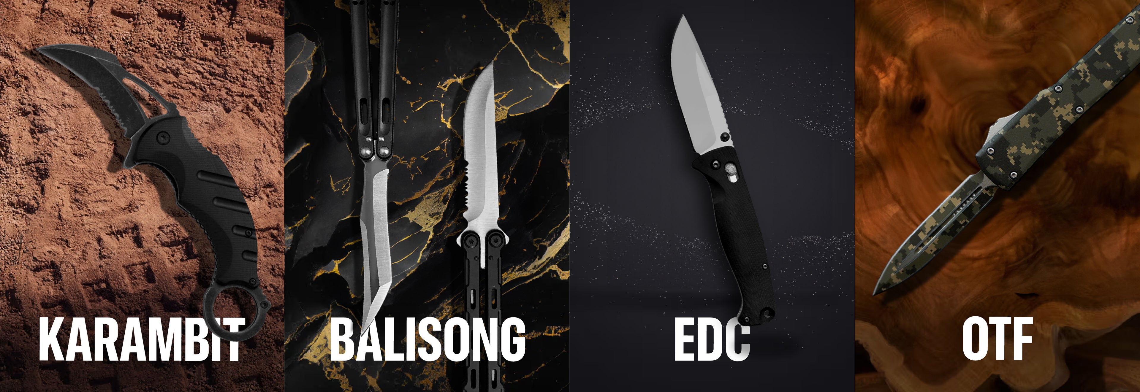 Mystery knife examples of a karambit, balisongs, edc pocket knife, and OTF, displayed on textured backgrounds