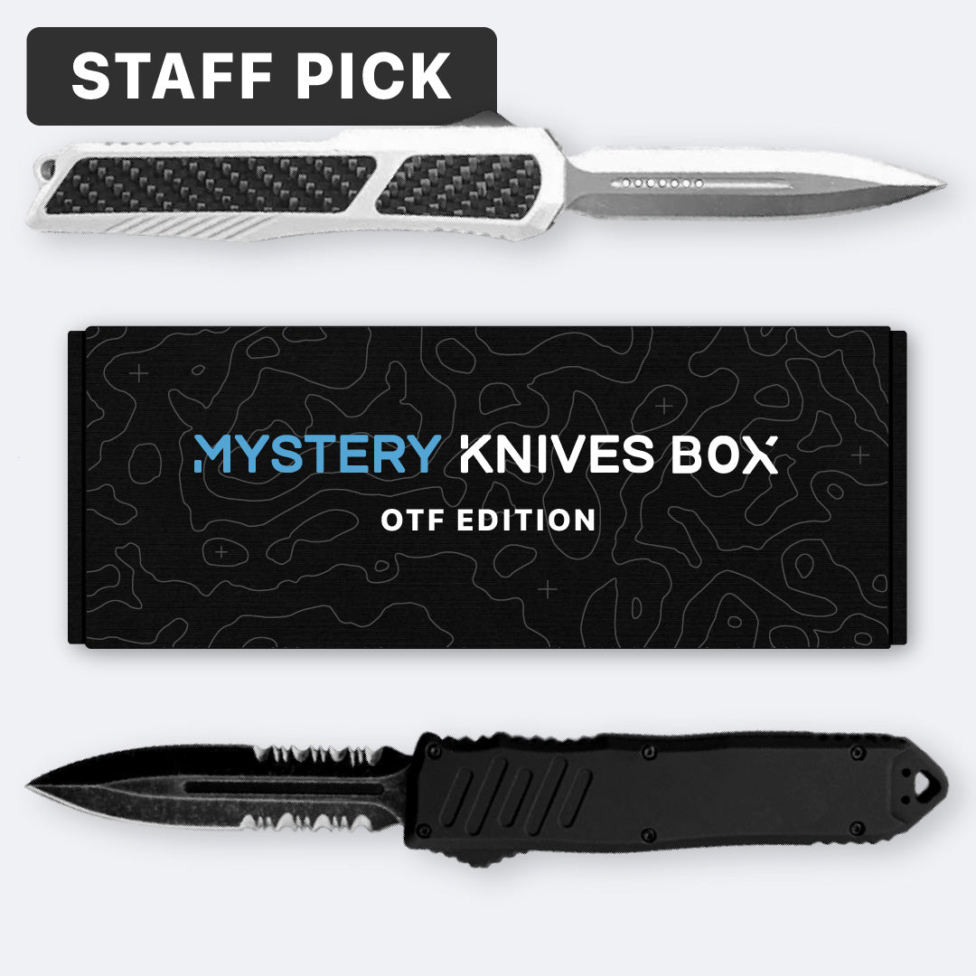 OTF Edition Mystery Knives Box, with one white carbon fiber OTF and one black serrated dagger OTF.