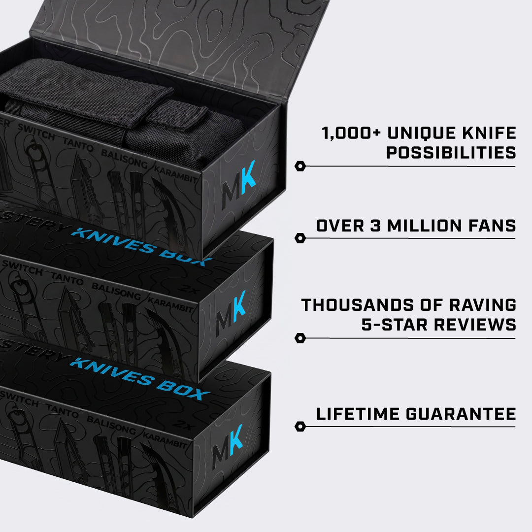 Three stacked black Mystery Knives boxes, the top one open showing a black sheath, with the text "1,000+ unique knife possibilities, over 3 million fans, thousands of raving 5-star reviews, lifetime guarantee"