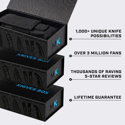 Three stacked black Mystery Knives boxes, the top one open showing a black sheath, with the text "1,000+ unique knife possibilities, over 3 million fans, thousands of raving 5-star reviews, lifetime guarantee"
