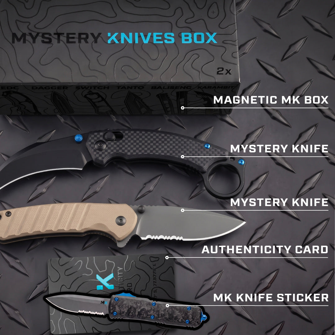Mystery Knives Box contents labeled: magnetic MK box, two mystery knives, authenticity card, MK knife sticker